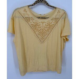 Lucky Brand Womens Yellow Short Sleeve Top W/ Embroidered V-Neck Design